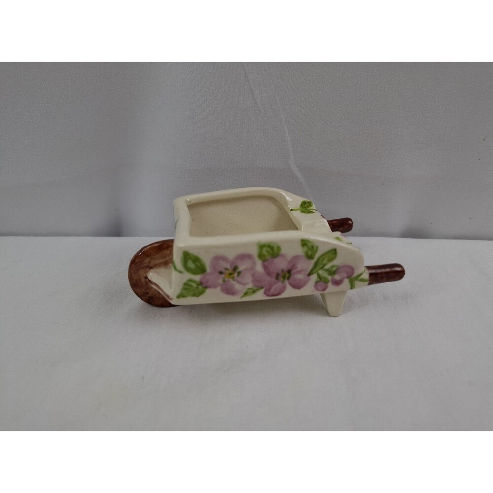 Vtg Ceramic Wheelbarrow Pink Flowers Succulent Planter Trinket Dish Ash Tray